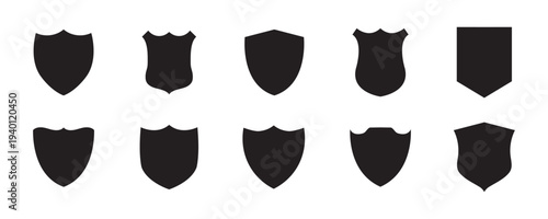 Set of various black shield vector illustrations scalable eps icon for declarative graphics design silhouette White background