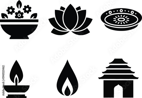 Collection of hindu and buddhist spiritual symbols