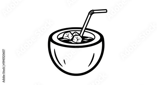 Vector Sketch of a Whole Coconut with a Drinking Straw and ice