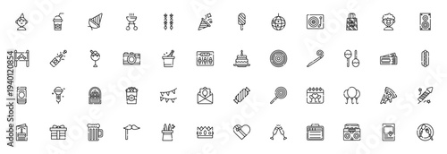 Party and celebration icon set. Vector illustration pack with birthday boy, cake, fireworks, gift, balloon, music, food and more. Editable stroke for invitations, posters, events.