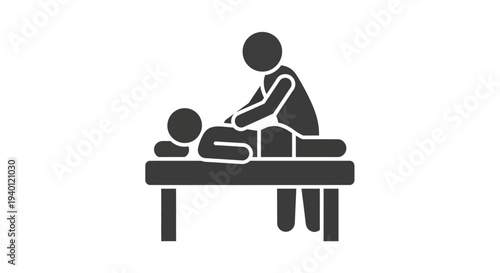 Simple illustration of a massage therapist giving a massage to a client on a table.