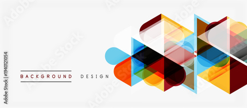 Abstract geometric shapes overlap, creating vibrant colorful design. Modern background with transparency effects, clean lines.