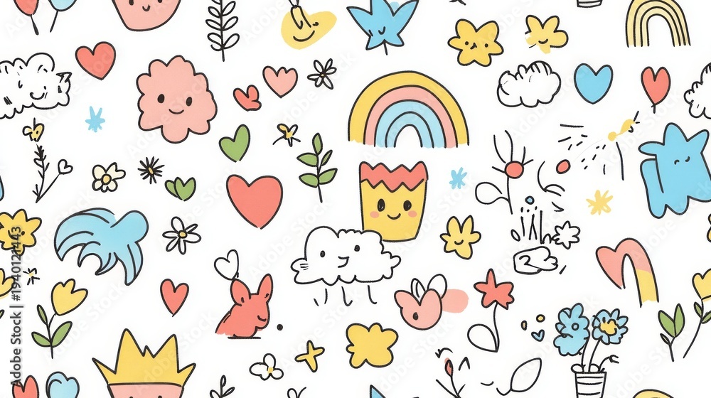Fototapeta premium Colorful Cartoon Doodles on White Background Featuring Rainbow Clouds Hearts Flowers Pot Plant Cute Bunny Stars and Leaves