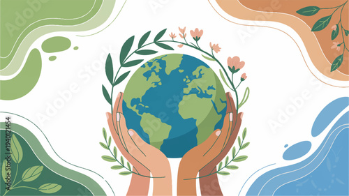 Hands cradling the earth globe with leaves and flowers symbolizing environmental care and sustainability