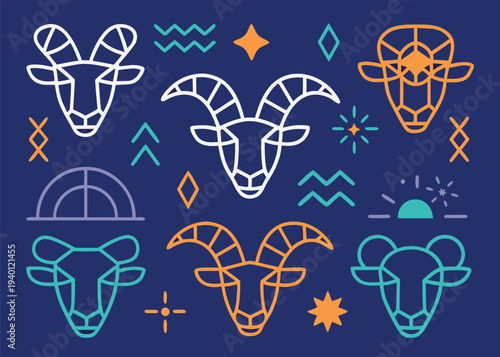 A collection of six linear geometric ram and goat heads featuring different horn shapes is presented on a navy blue background with abstract geometric symbols.