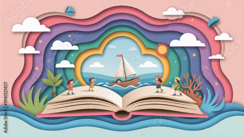 Whimsical scene of children on an open book sailing into a rainbow colored horizon with a boat under a sunny sky with fluffy clouds