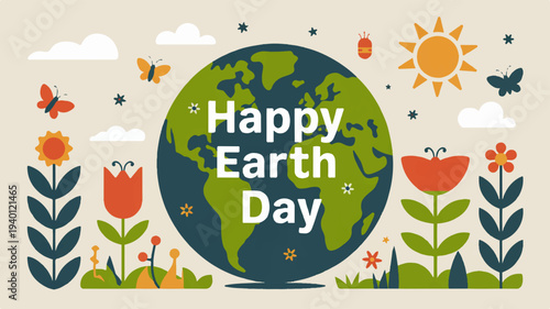 Happy earth day illustration with globe flowers butterflies and sun on beige background celebrating environmental awareness and sustainability