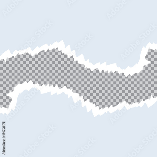 Piece of torn horizontal paper with soft shadow stuck on a white squared background. Vector illustration