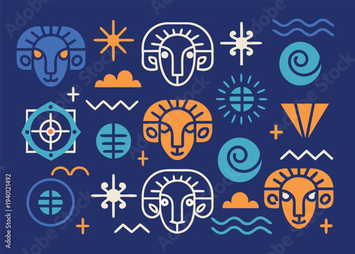 Six rounded geometric ram heads are illustrated with vibrant colorful lines on a dark blue background alongside whimsical clouds and circular star symbols.