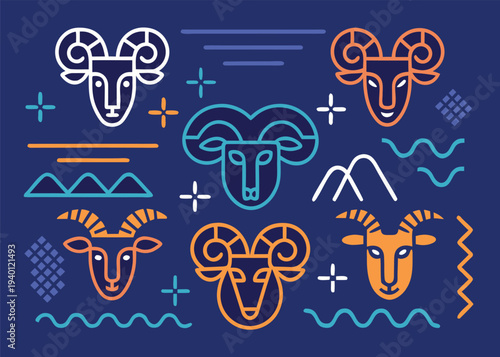 Six stylized geometric animal heads resembling rams and goats are drawn with colorful thin lines on a solid dark blue background with abstract symbols.