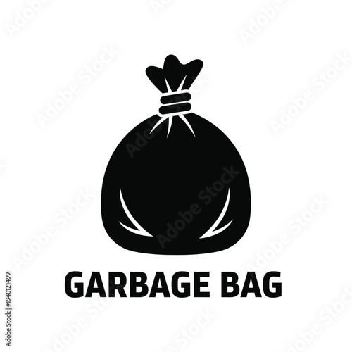 A minimalist black silhouette depicts a tied garbage bag positioned above bold capitalized text labeling it high quality professional detailed modern elegant stylish clean