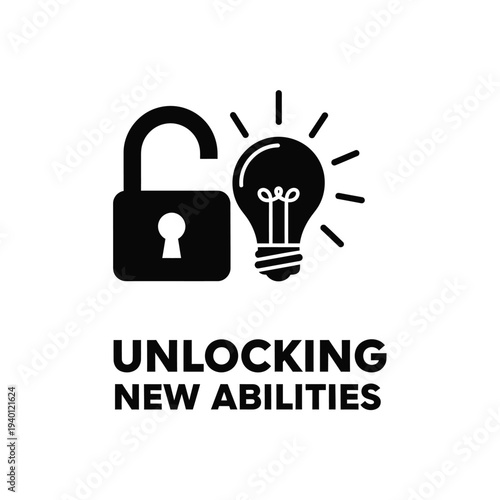 A black glyph depicts an open padlock above the text unlocking new abilities symbolizing innovation and potential high quality professional detailed modern elegant stylish