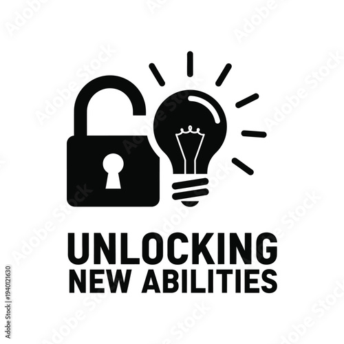 A black padlock is depicted open revealing a glowing lightbulb alongside the text unlocking new abilities high quality professional detailed modern elegant stylish clean