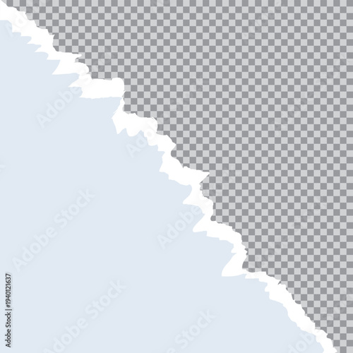 Torn paper pieces with rough edges on the corners. The image features pieces of torn horizontal paper, each with soft shadows, adhered to a white squared background. Vector illustration