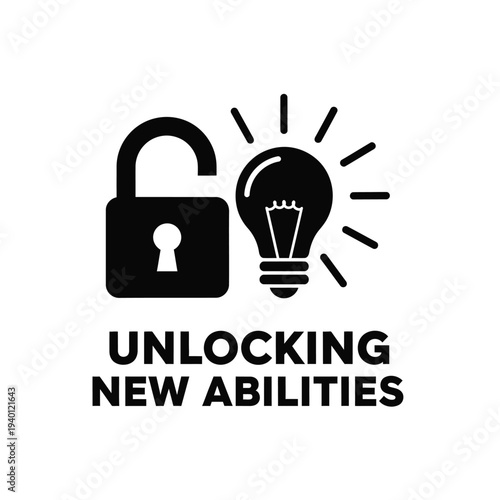 A black padlock is shown open next to a glowing lightbulb with the text unlocking new abilities below high quality professional detailed modern elegant