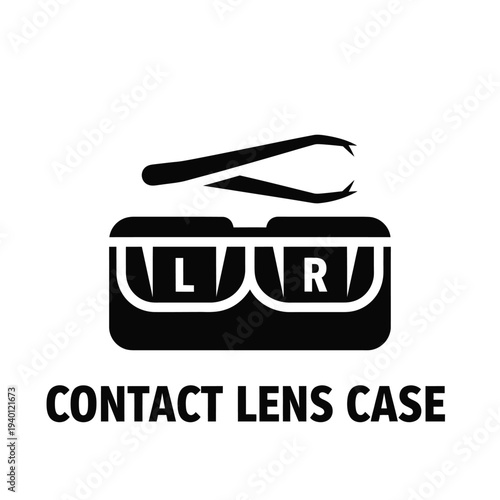 A stylized black graphic depicts a contact lens case with tweezers positioned above indicating hygiene and careful handling high quality professional detailed modern elegant