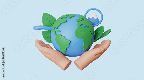 Earth in hands with leaves and recycling symbol on light blue background representing eco friendly and sustainable living