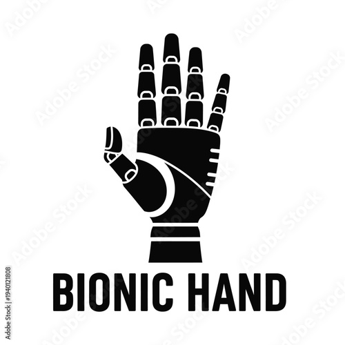 A stark black and white illustration depicts a robotic bionic hand with outstretched fingers symbolizing advanced technology and human augmentation high quality professional detailed modern elegant