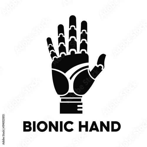A stylized black silhouette depicts a robotic bionic hand with visible mechanical components and an open palm gesture high quality professional detailed modern elegant