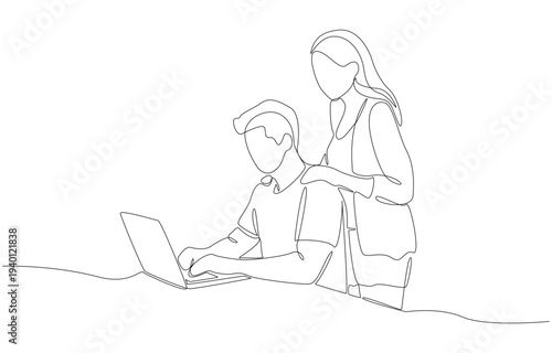 Continuous one line drawing of wife encouraging her husband who taking work home, working overtime concept, single line art
