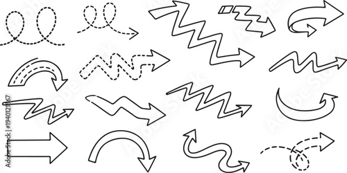 Collection of hand-drawn arrow icons with diverse styles and directions on white background vector illustration