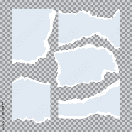 This is a realistic set of torn or ripped white paper sheets, note scraps, or notebook pages with textured edges. Torn sticky newspaper clip art.