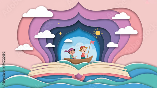 Whimsical illustration of children sailing on an open book through a fantastical portal with swirling clouds and sun