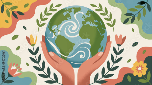 Hands cradling earth globe with swirling wave surrounded by colorful flowers and leaves on beige background
