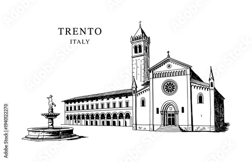 Trento Italy Cathedral and Fountain Line Art Illustration church religious building