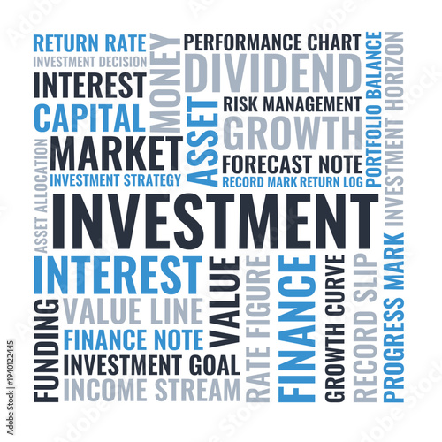 Investment Word Cloud Design for Finance Poster, Trading Office Decor. Investment modern blue gray typography