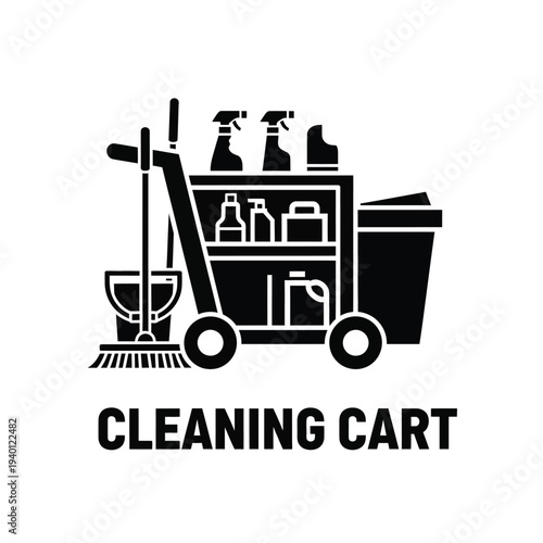 A black silhouette depicts a fully stocked cleaning cart with various supplies including bottles a mop and a wastebasket high quality professional detailed modern elegant