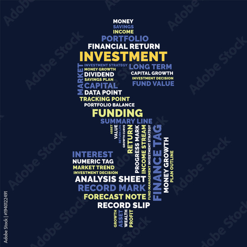 Investment Word Cloud Design for Finance Poster, Portfolio Wall Art. Investment bold navy typography