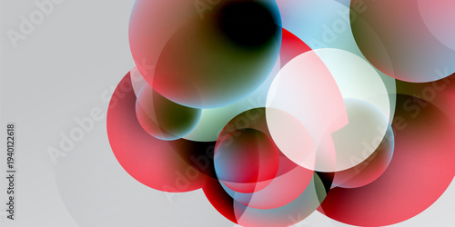 Abstract composition featuring overlapping translucent circles. Red, blue, green hues blend against dark background. Soft gradients create depth.