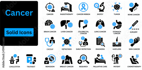 Cancer solid icon set. Cancer icon set. Containing tumor, oncology, chemotherapy, biopsy, radiotherapy, ribbon, breast cancer, remission and more. Vector solid icons collection. Solid icons set. 