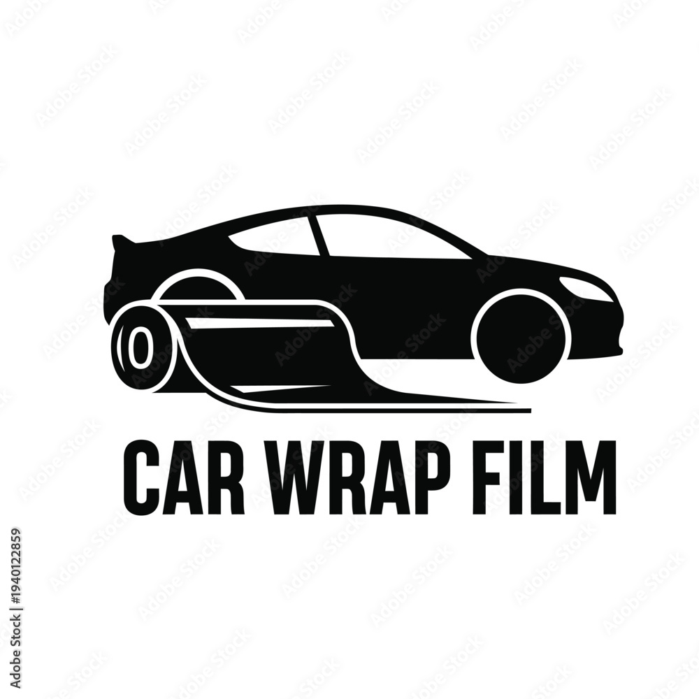 Fototapeta premium A sleek black silhouette of a speeding sports car is showcased with the text car wrap film below it high quality professional detailed modern