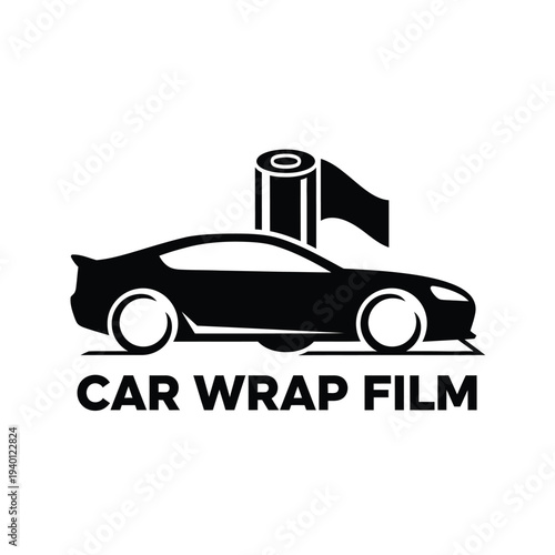 A sleek black silhouette of a sports car is depicted with a roll of film and a flag advertising car wrap film high quality