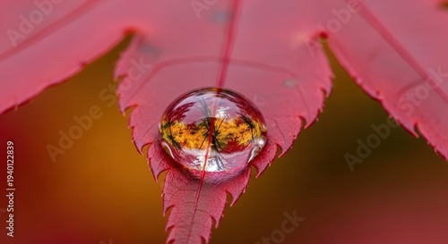 Close-up of a Dewdrop on a Vibrant Pink Maple Leaf in Morning Light