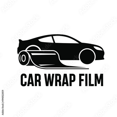 A sleek black silhouette of a speeding sports car is showcased with the text car wrap film below it high quality professional detailed modern