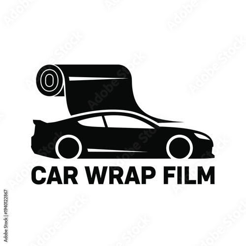 A stylized black and white graphic depicts a car silhouette overlaid with a rolled vinyl wrap advertising car wrapping services high quality professional detailed modern elegant