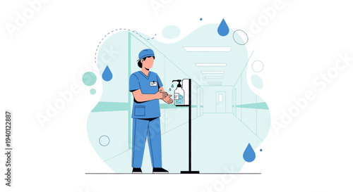 Healthcare worker in blue scrubs sanitizing hands with dispenser in hospital hallway