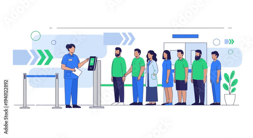 Healthcare worker checks patient temperature at clinic entrance, social distancing queue