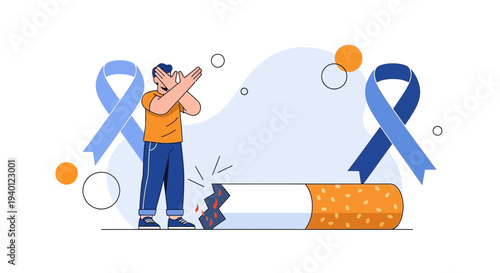 Man breaking cigarette, quitting smoking, awareness ribbons, health concept