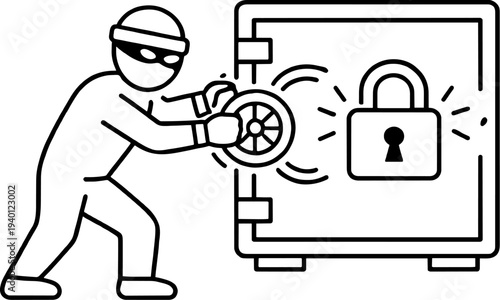 Minimalist Icon Line Art Illustration of a Burglar Attempting to Break into a Safe, Representing Security and Theft.