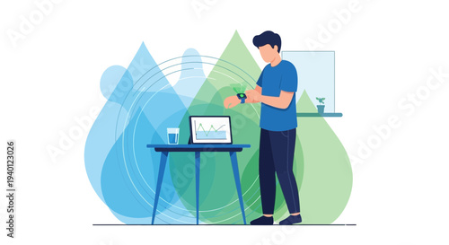 Man checking smartwatch near laptop and glass of water with abstract water drops background