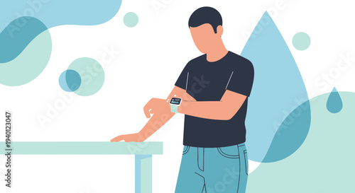 Man checking smartwatch on arm, modern technology, health monitoring, abstract water elements