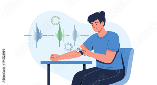 Man checking vital signs on smartwatch, health monitoring, sound waves visualization
