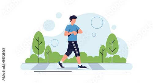 Man checking smartwatch while walking in park, healthy lifestyle, fitness tracker, outdoor activity