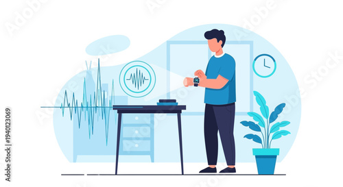 Man checking smartwatch with sound wave data on screen, futuristic technology concept