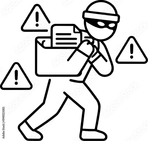 Data Theft and Cyber Security Risk Minimal Line Art Illustration. Minimalist Icon depicting a burglar stealing documents, surrounded by warning signs, for digital protection and information breach con