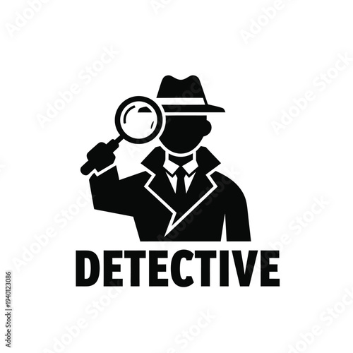 A stark black silhouette depicts a detective with a magnifying glass investigating and the word detective is boldly displayed below high quality professional detailed